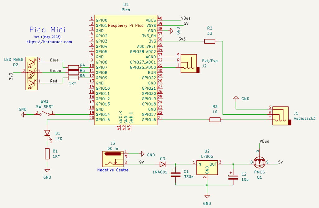 Schematic showing the latest version of our PICO midi pedal that includes support for external power supply